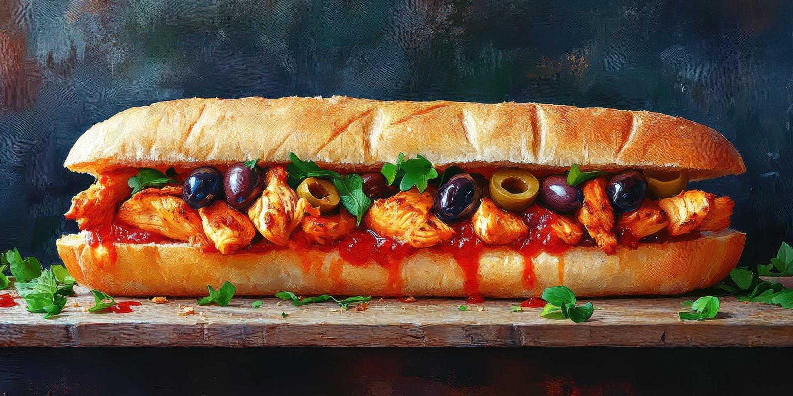 Delicious sandwich made with grilled chicken, olives, and tangy sauce on fresh bread
